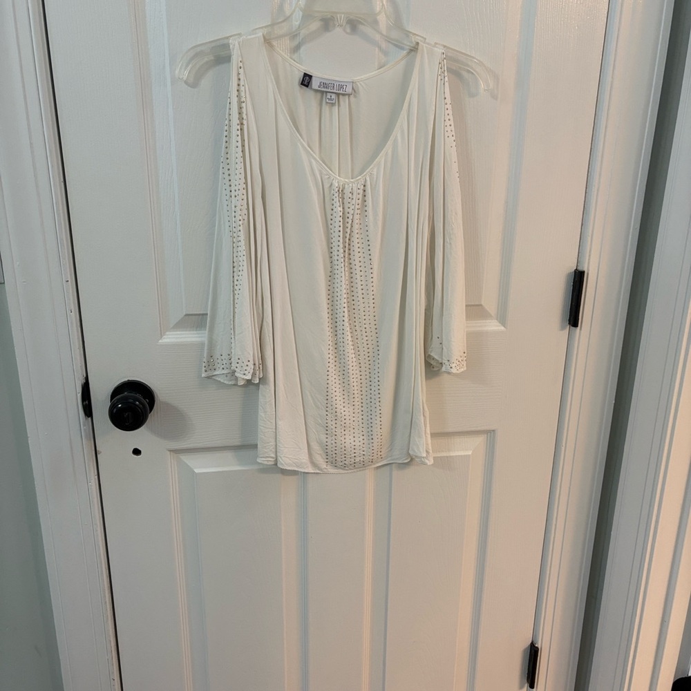 Jennifer Lopez Cream Cold Shoulder Blouse